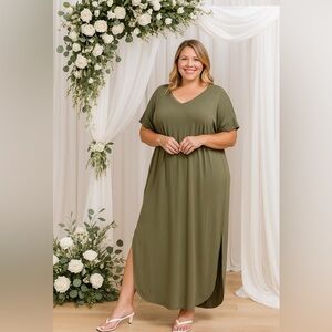 BN Plus V Neck Short Sleeve Olive Green Maxi Dress Various